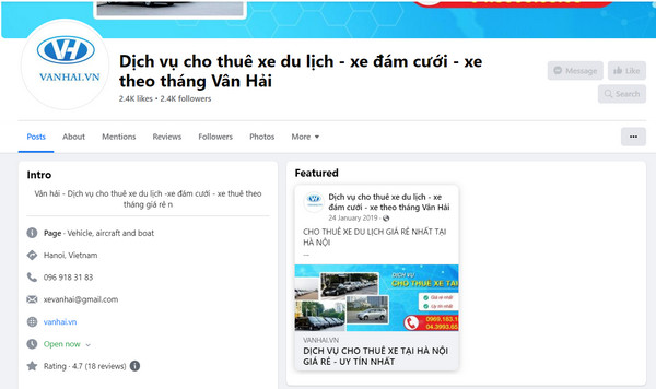 Fanpage Facebook của công ty Vân Hải 