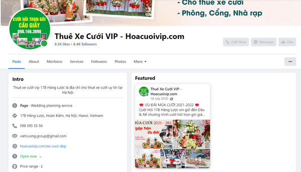 Fanpage Facebook của thuê xe cưới VIP 17B Hàng Lược