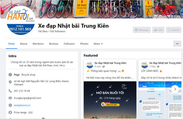 Fanpage Facebook của cửa hàng xe đạp Trung Kiên 