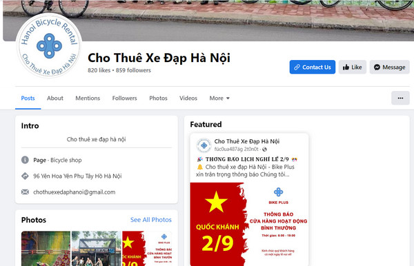 Fanpage Facebook của dịch vụ cho thuê xe đạp Hà Nội tại Bike Plus