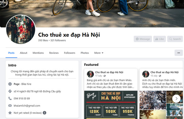 Fanpage Facebook của dịch vụ cho thuê xe đạp tại Cầu Giấy Hà Nội 