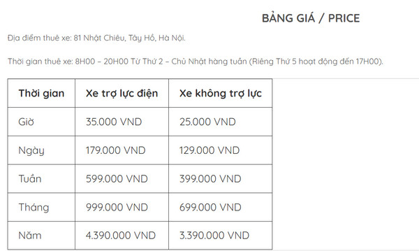 Bảng giá thuê xe điện của Wiibike Hà Nội 