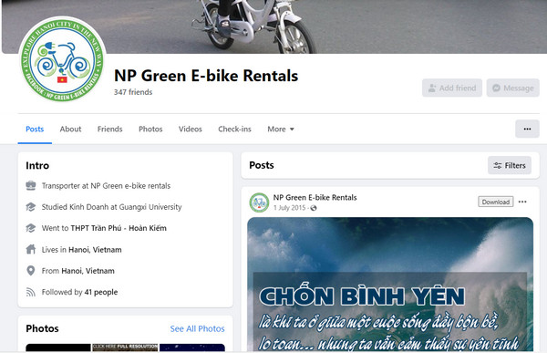 Fanpage facebook của NP Green E- bike Rentals