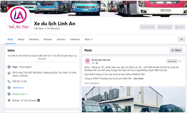 Fanpage Facebook của xe du lịch Linh An 