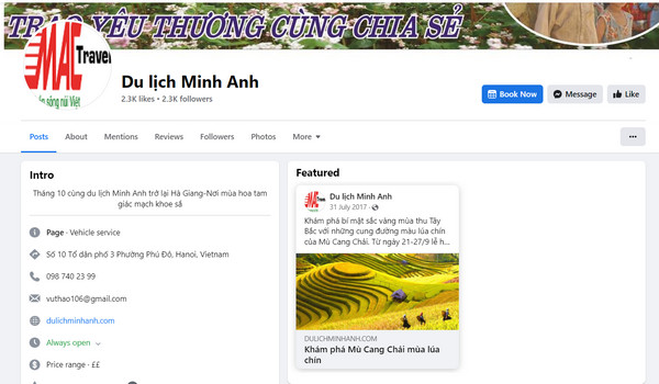 Fanpage Facebook của du lịch Minh Anh 