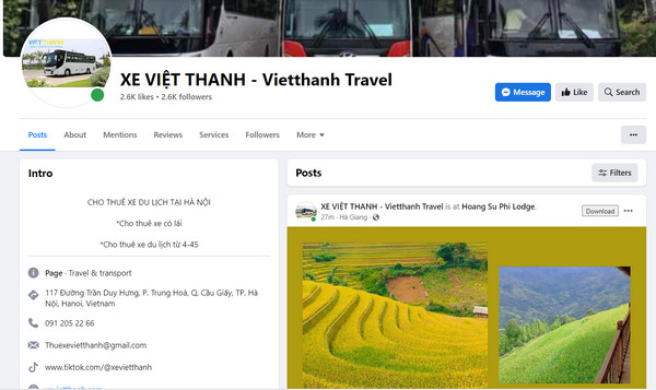 fanpage facebook của Công ty CPTM & du lịch Việt Thanh