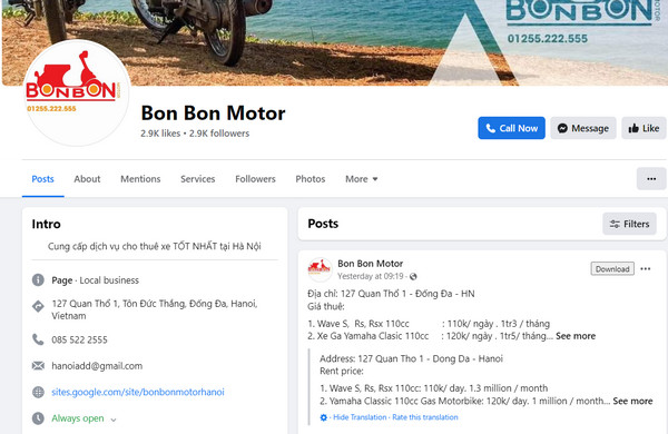 Fanpage Facebook của Bon Bon Motor