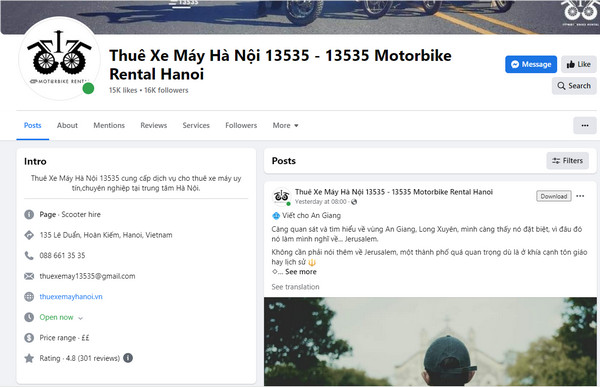 Fanpage Facebook của 13535 Motorbike Rental Hanoi