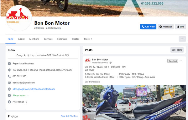 Fanpage Facebook của Bon Bon Motor 