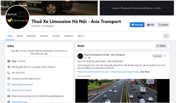 Fanpage Facebook của Công ty TNHH thương mại và dịch vụ xe du lịch Asia Transport