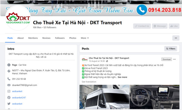 Fanpage facebook của DKT Transport 