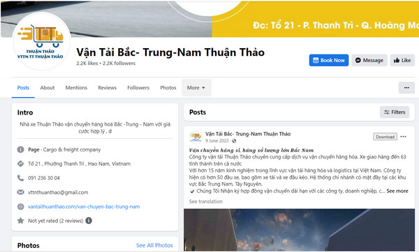Fanpage Facebook của Công ty vận tải Thuận Thảo 