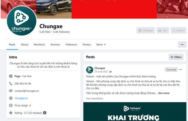 Fanpage Facebook của Công ty Cổ phần Chung Xe
