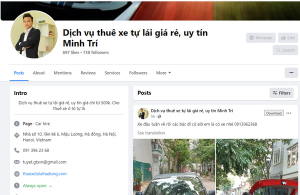 Fanpage Facebook dịch vụ thuê xe Minh Trí
