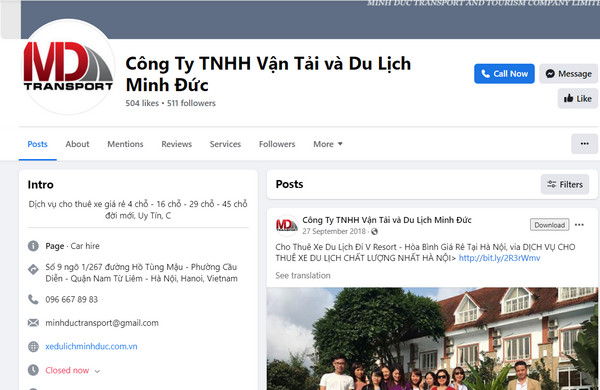 Fanpage Facebook của Công ty TNHH vận tải và du lịch Minh Đức