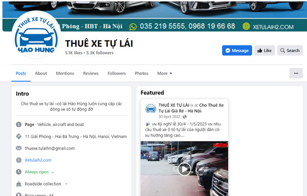 Fanpage Facebook của Công ty du lịch Hào Hùng