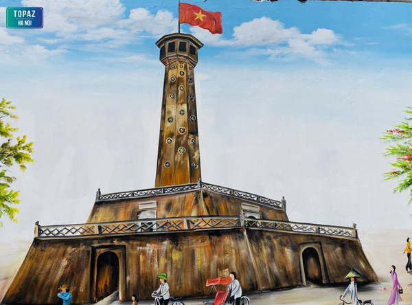 Hình ảnh cột cờ Hà Nội được vẽ bằng tranh sơn dầu 