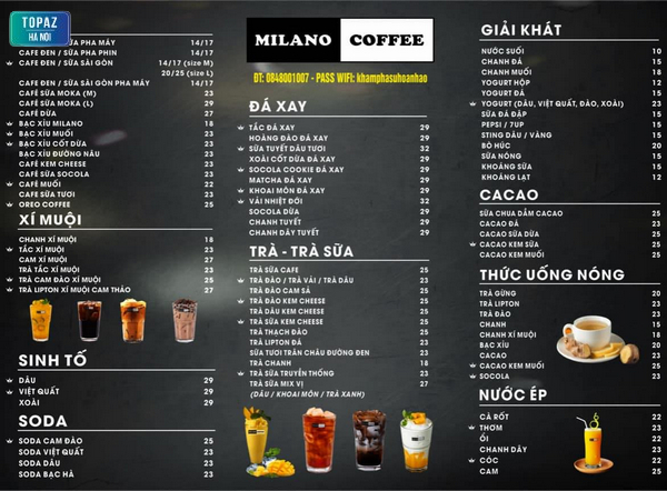 Menu và bảng giá Milano Coffee