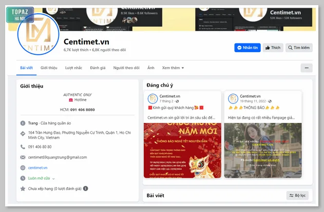 Fanpage chính thức của shop Centimet