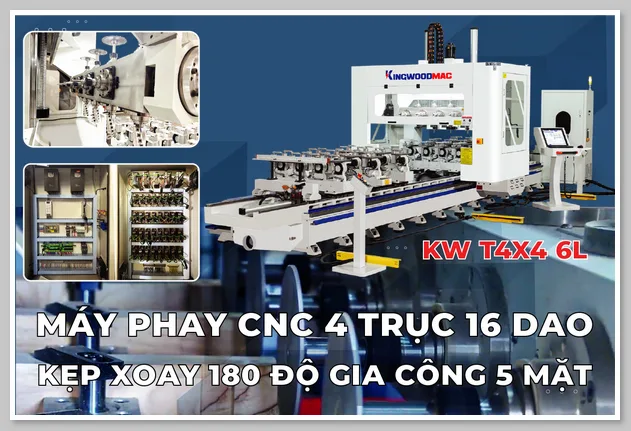 Máy CNC 4 Trục 16 Dao bàn kẹp xoay 180 độ gia công 5 mặt gỗ KW T4X4 6L