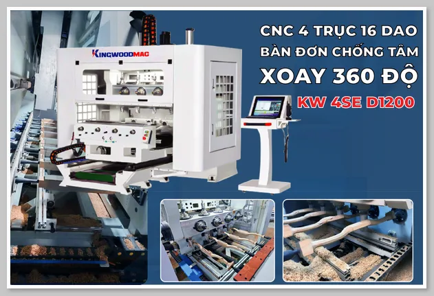 Máy Phay CNC 4 Trục 16 Dao Bàn Đơn Chống Tâm Xoay 360 Độ KW 4SE D1200