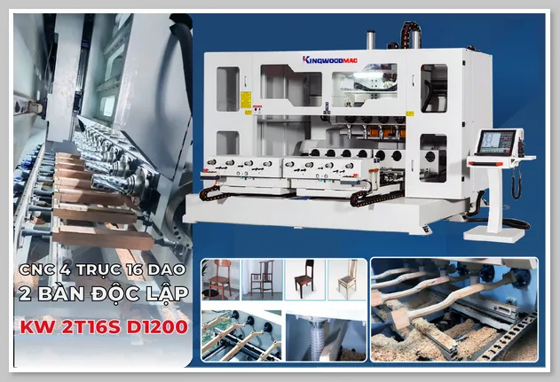 Máy Phay CNC 4 Trục 16 Dao 2 Bàn Chống Tâm Xoay 360 độ KW 2T16S D1200