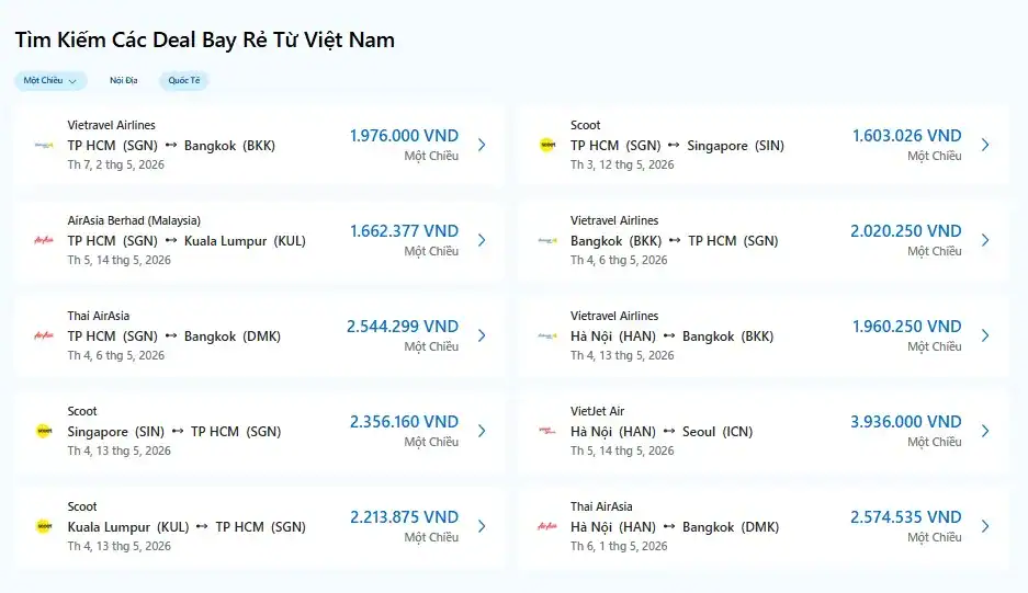 so sánh các chuyến bay